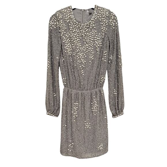 ASOS Silver Pearl Embellished Beaded Cocktail Mini Dress Long Sleeve Party 0 - Picture 2 of 8